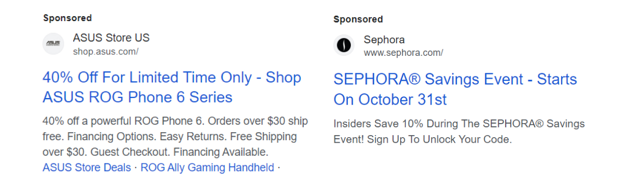 Ad copies with time-limited offers from Asus and Sephora