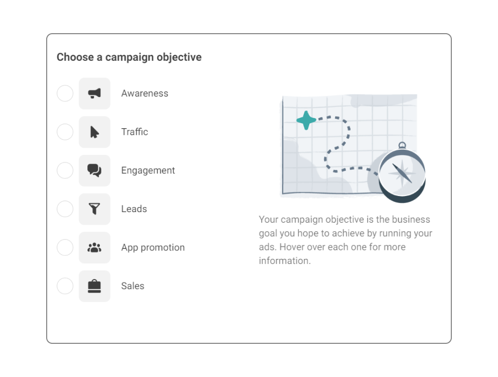 Campaign objective selection window in Meta Ads Manager