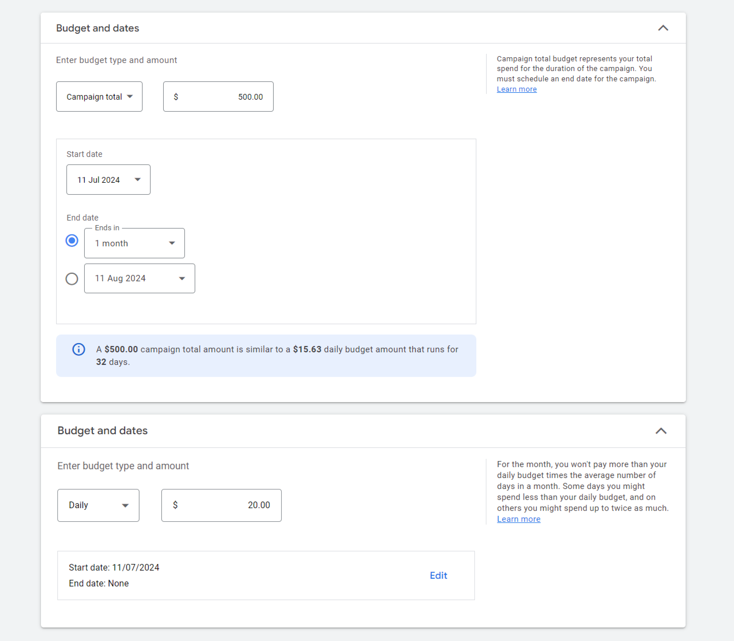 Setting budgets and dates for YouTube video ad campaigns 