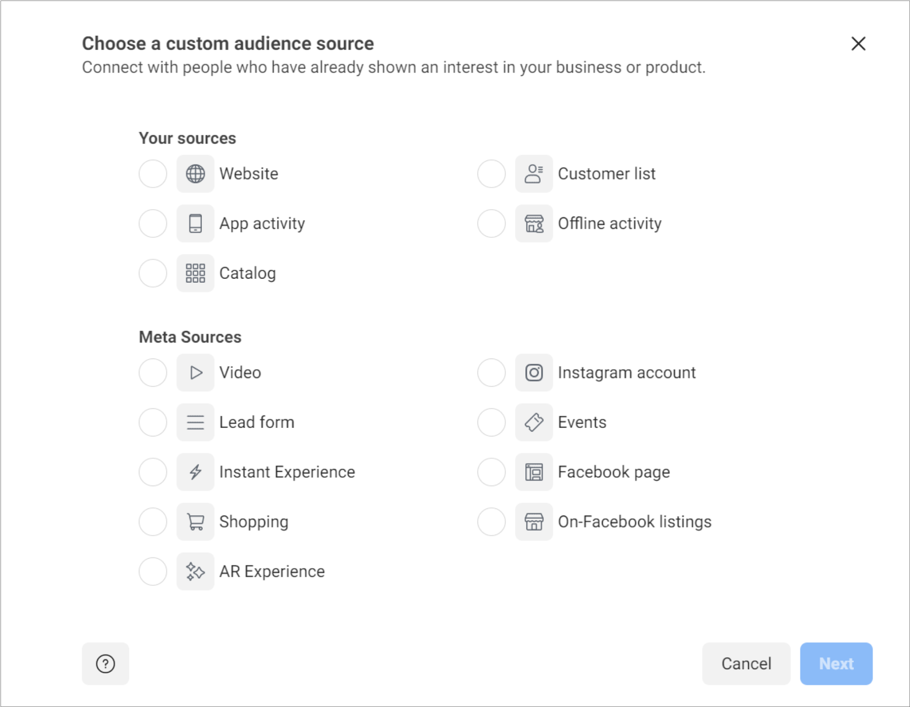 Choosing a Custom Audience source on Facebook