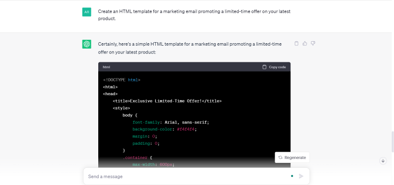 ChatGPT's response to Create an HTML template for a marketing email promoting a limited-time offer on your latest product.