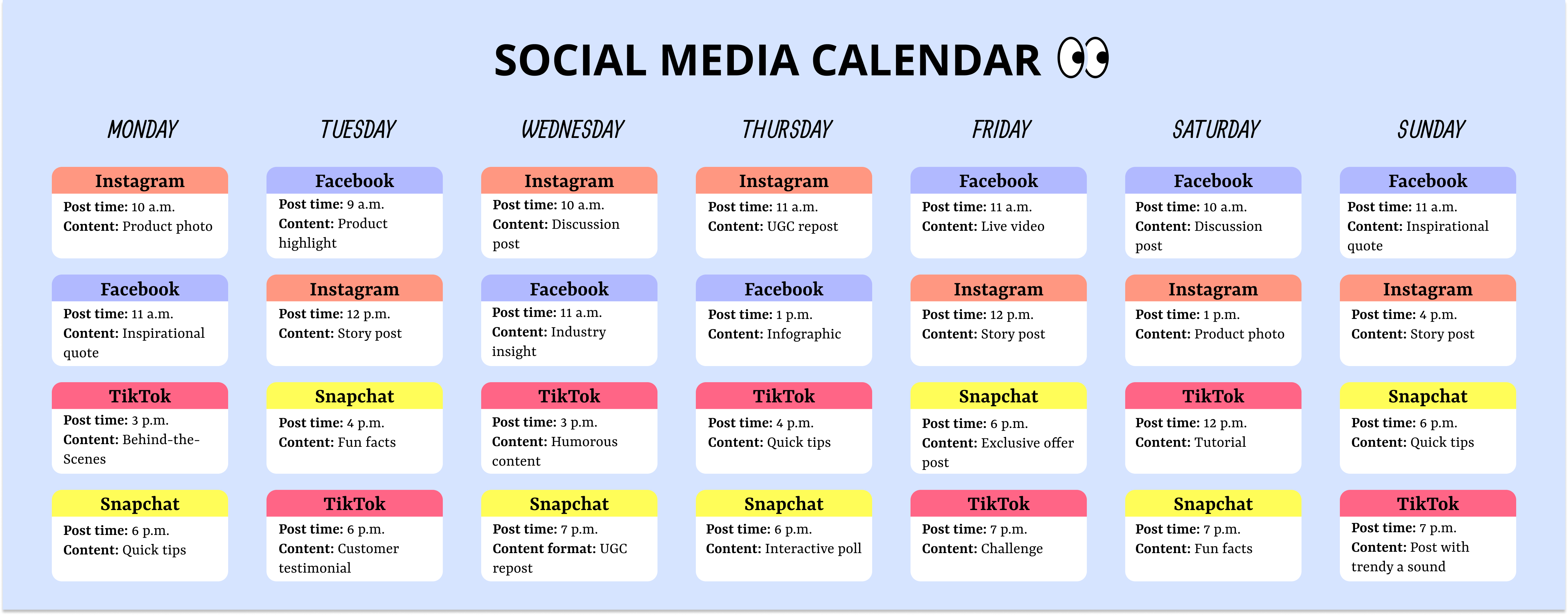 An example of social media calendar