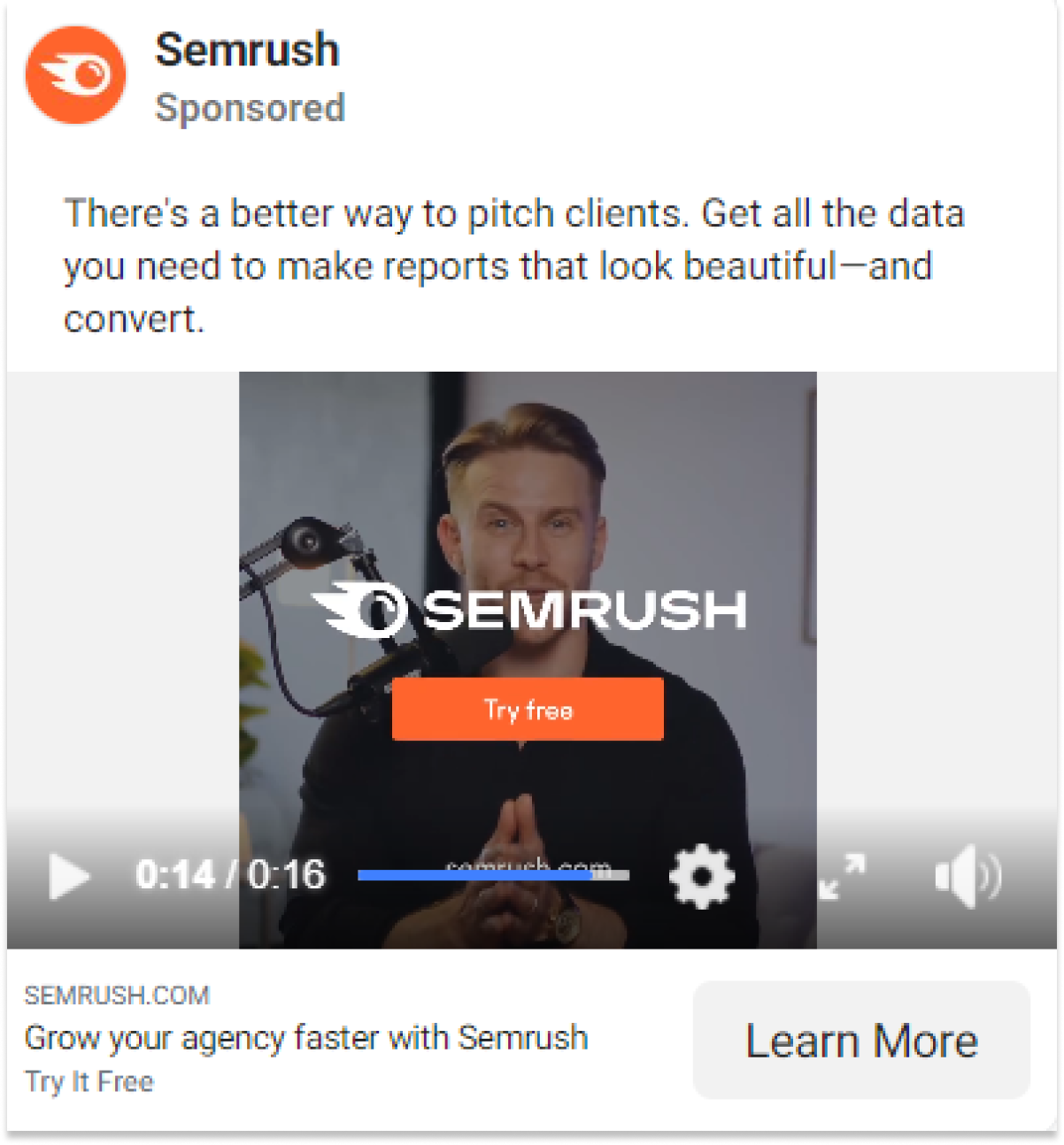 Semrush's Facebook video ad