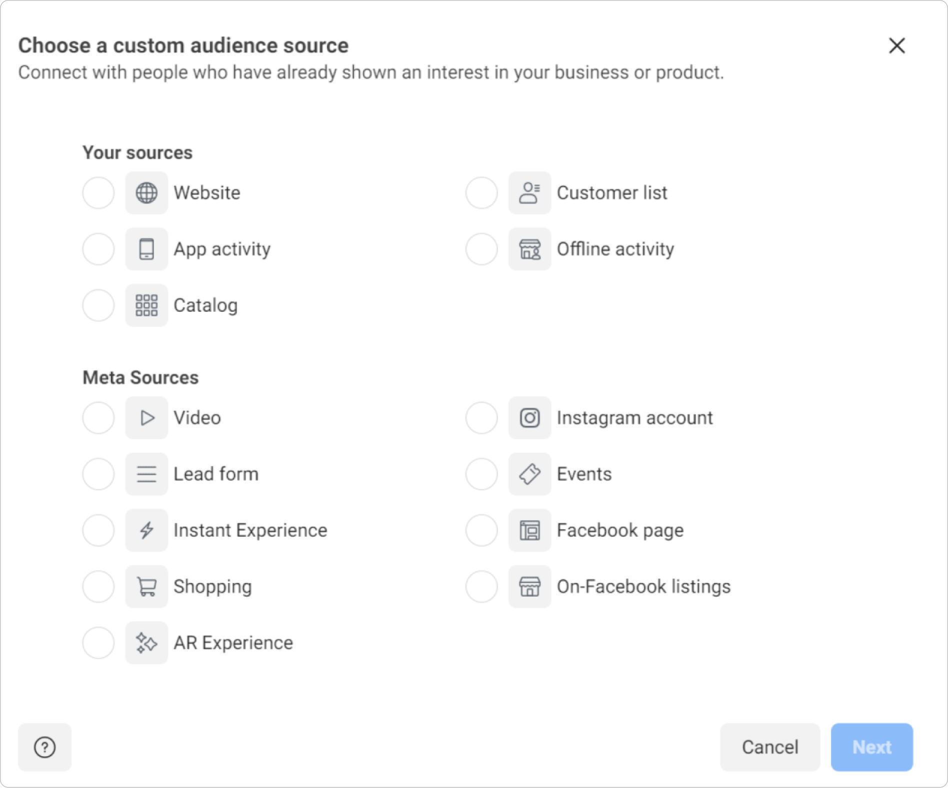 Facebook custom audience sources