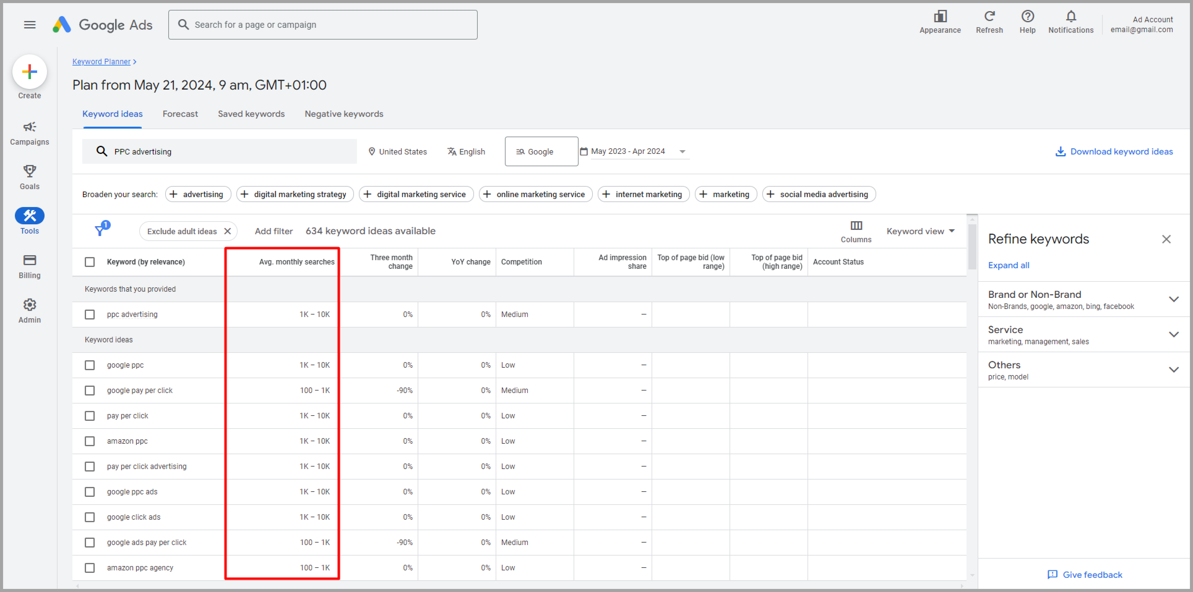 Checking average monthly search volume in Google Keyword Planner